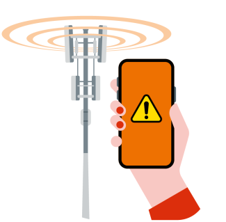 Hand hält Smartphone mit Warnsymbol vor Sendemast mit ausstrahlenden Signalen