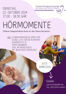 Flyer HörMomente-Treffen am 22.Oktober 2024. Offener Gesprächskreis rund um das Thema Hörverlust