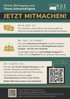 Poster zur Online-Befragung zum Thema Schwerhörigkeit mit Informationen zur Teilnahme, Dauer, Anforderungen und Belohnung sowie QR-Code und Kontaktangaben
